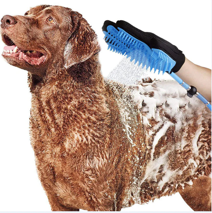 Köpekler için duş başlığına sahip banyo eldiveni – 2'si 1 arada tüy bakımı ve masajı